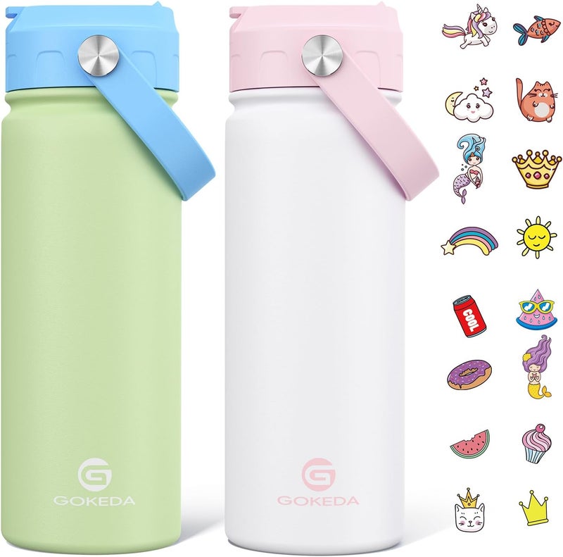GOKEDA 18oz Kids Water Bottle, 2 Pack Insulated Bottles with Stickers, 18/8 Stainless Steel Vacuum Leak Proof Straw Cup for School, Gifts for Boys Girls(White+Green) - Image 1